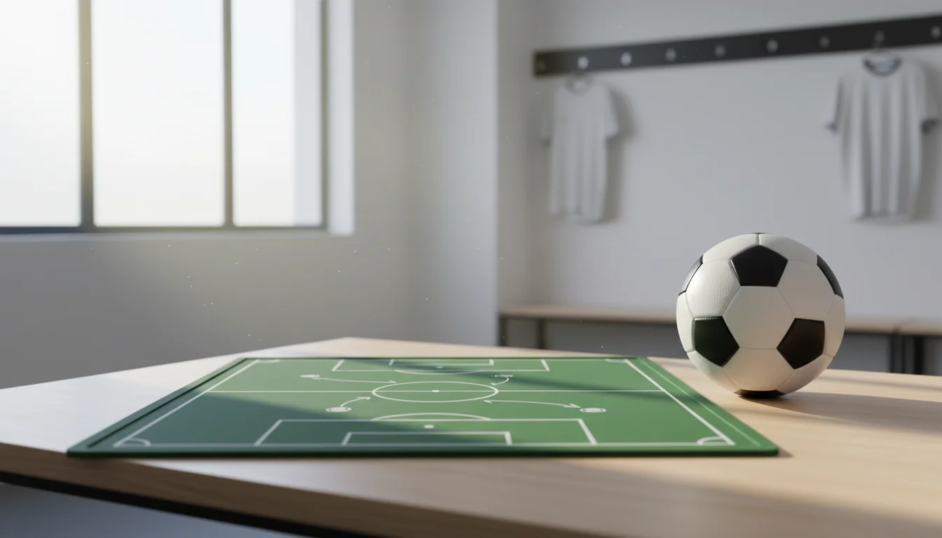 Analisi partita di calcio: tattica lavagna con schema di gioco e pallone da calcio
