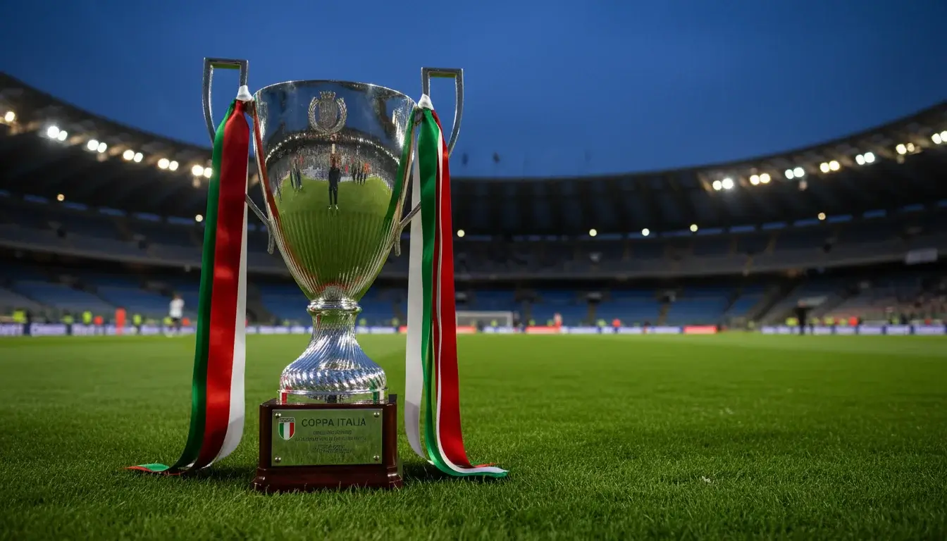 Trofeo della Coppa Italia con sfondo dello stadio Olimpico