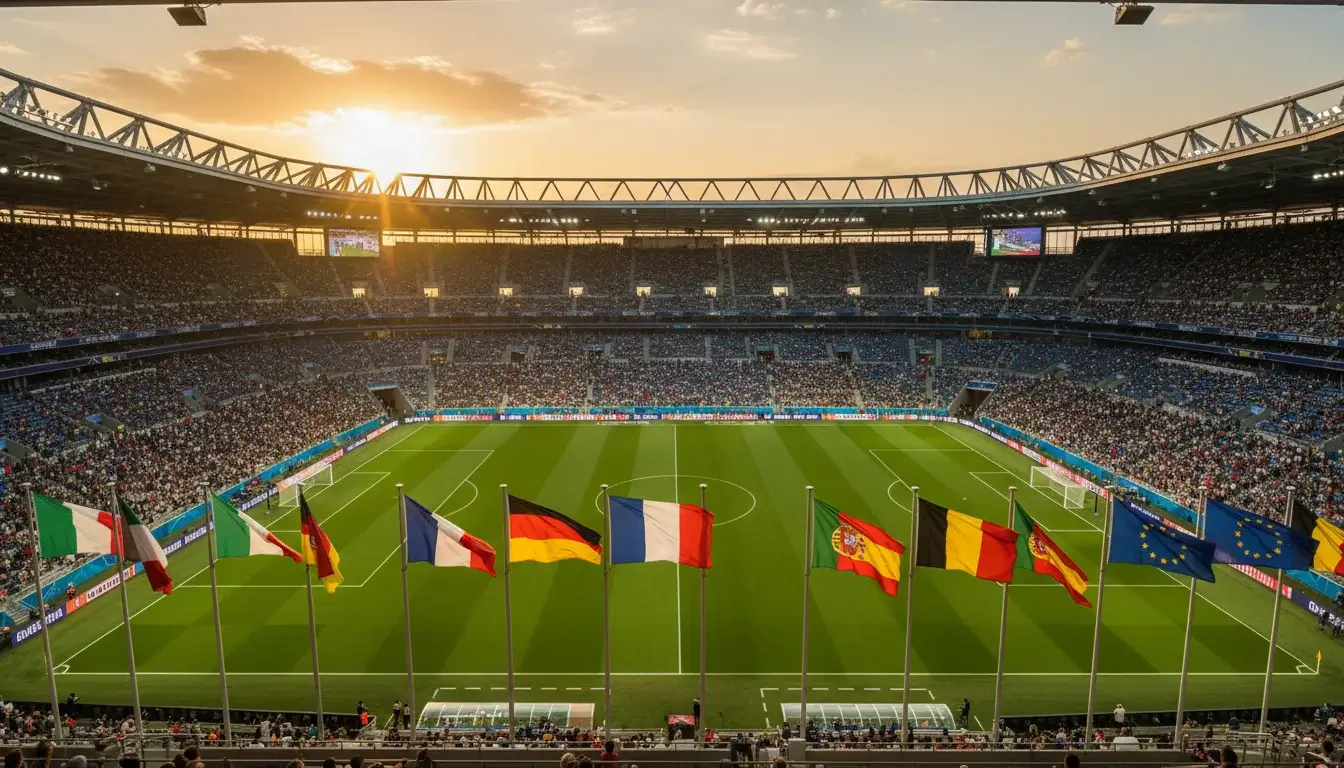 Stadio europeo con bandiere delle nazionali durante gli Europei di calcio