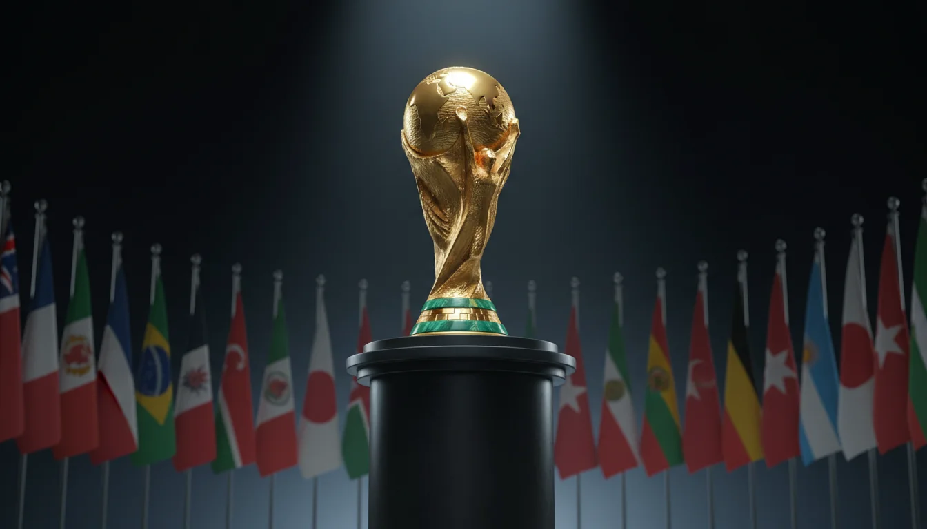 Trofeo della Coppa del Mondo FIFA con bandiere delle nazionali