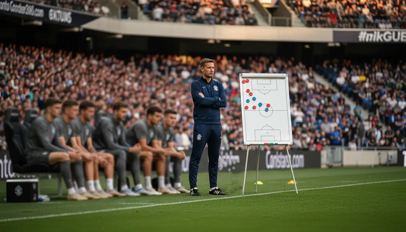 Probabili formazioni: panchina di calcio con allenatore e giocatori prima della partita