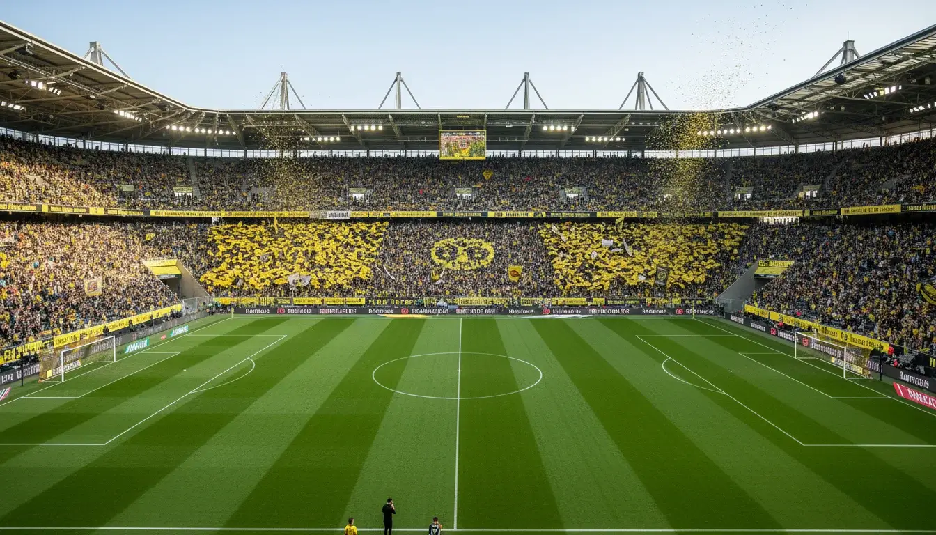 Pronostici Bundesliga: tifosi tedeschi con bandiere gialle nello stadio durante partita