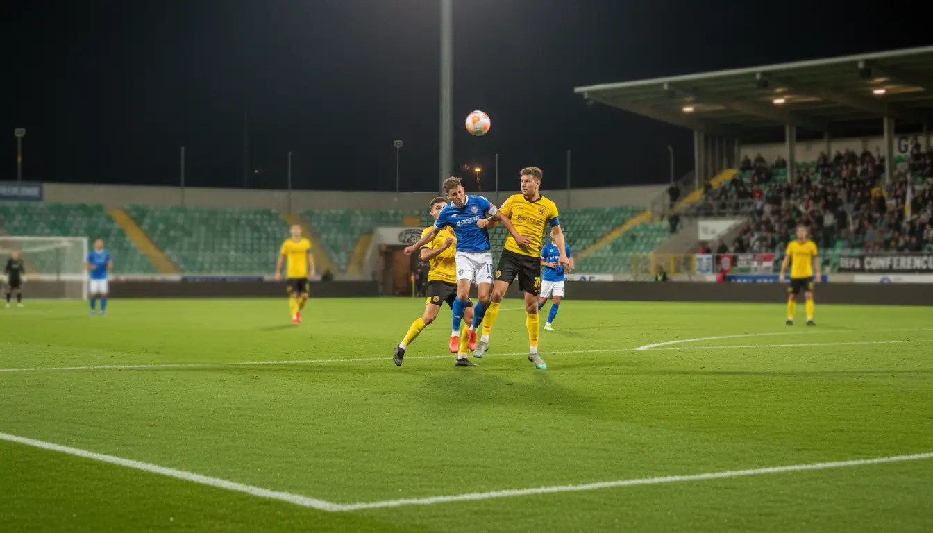 Pronostici Conference League: azione di gioco durante partita di calcio europeo serale
