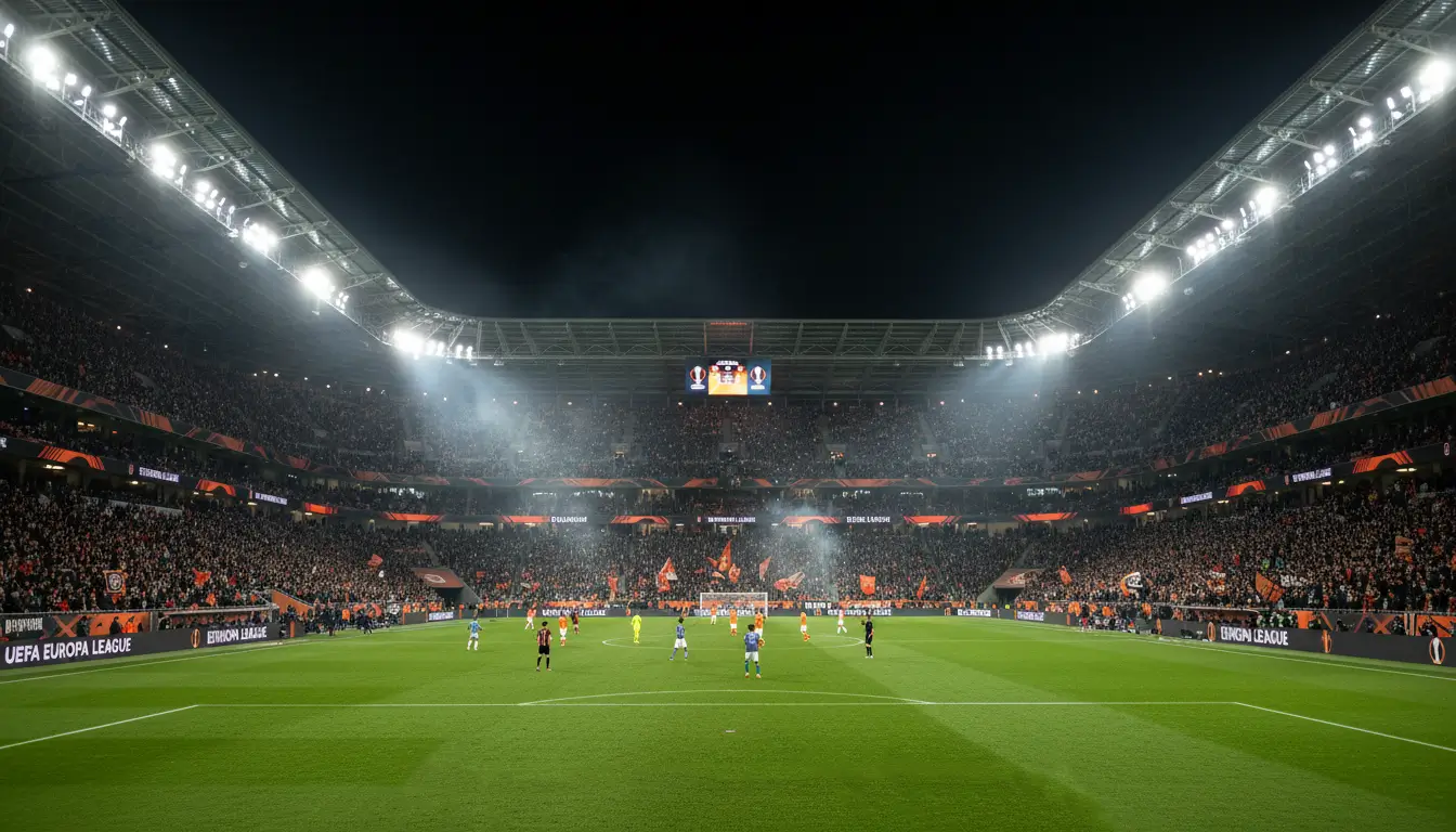 Pronostici Europa League: partita di calcio europeo in notturna con luci dello stadio