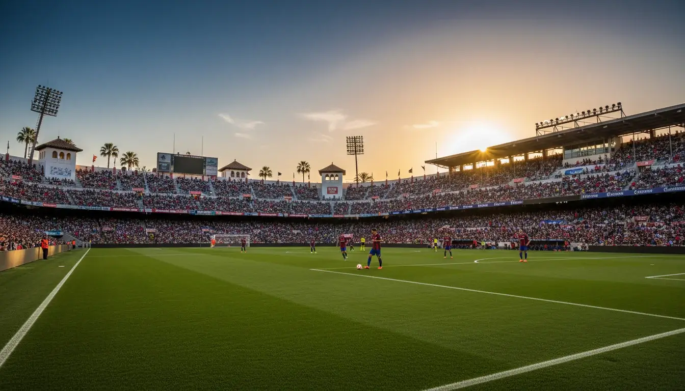 Pronostici La Liga: stadio spagnolo al tramonto con tifosi durante partita di calcio