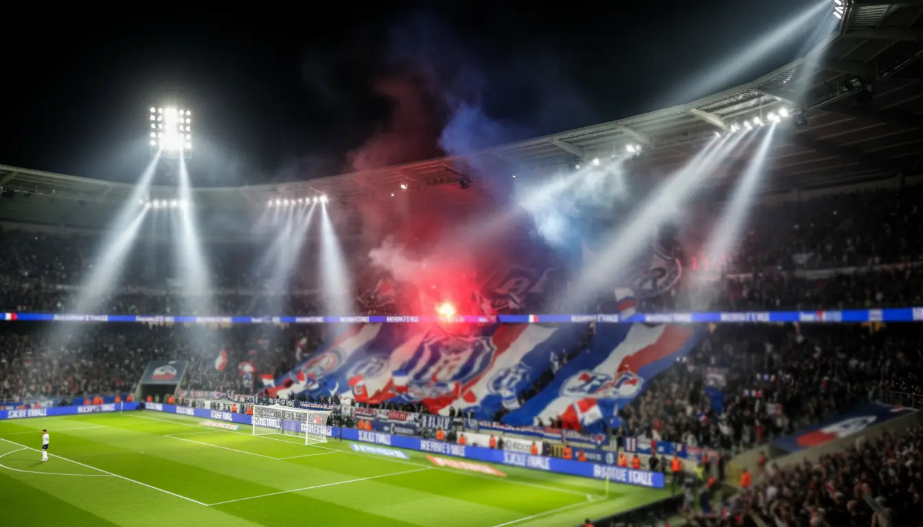 Pronostici Ligue 1: partita di calcio francese con tifosi e bandiere allo stadio