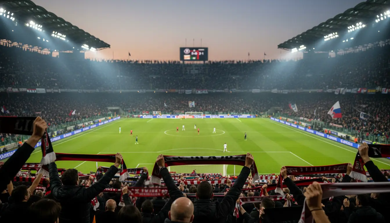 Stadio di calcio pieno con tifosi che supportano la squadra di casa