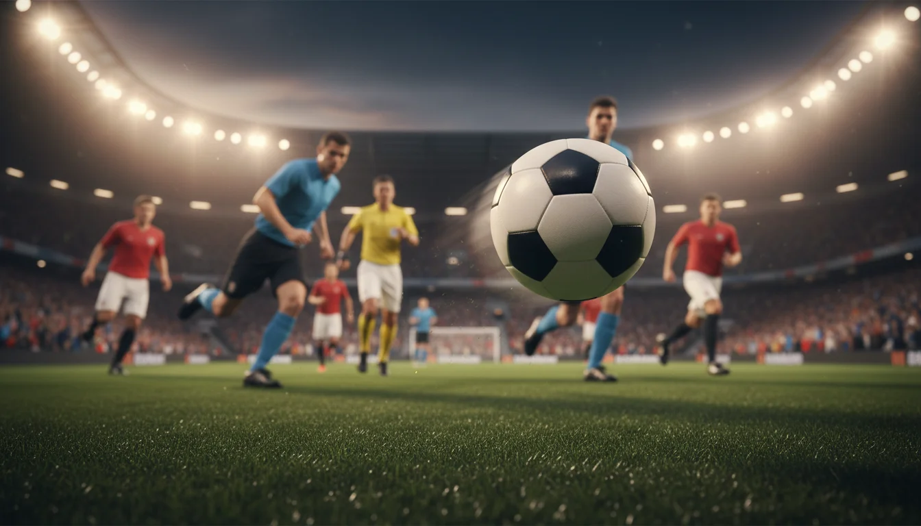 Scommesse live calcio: azione di gioco dinamica con pallone durante partita in corso