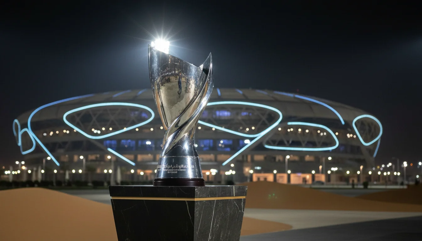 Trofeo della Supercoppa Italiana con sfondo di stadio arabo